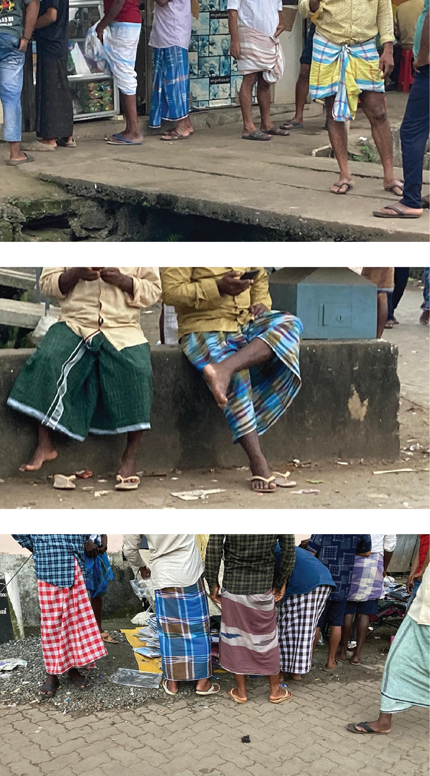 A photo collage showing lungis, feet, and lower bodies in Perumbavoor’s migrant market.